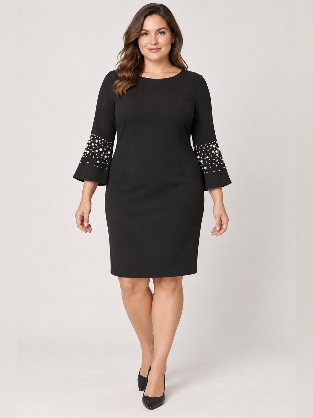 Calvin Klein Black Pearl-Embellished Bell Sleeve Midi Dress size 12 NWT.